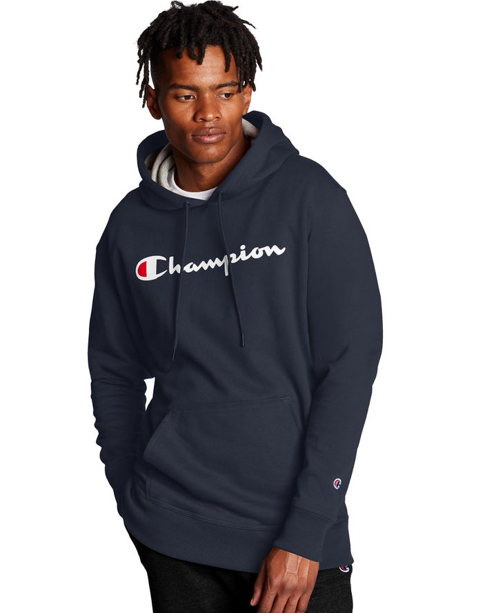 Champion Mens Hoodie NZ - Powerblend Script Logo Navy ( 8357-JSHUW )